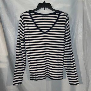 Navy and white striped long-sleeve v-neck t-shirt